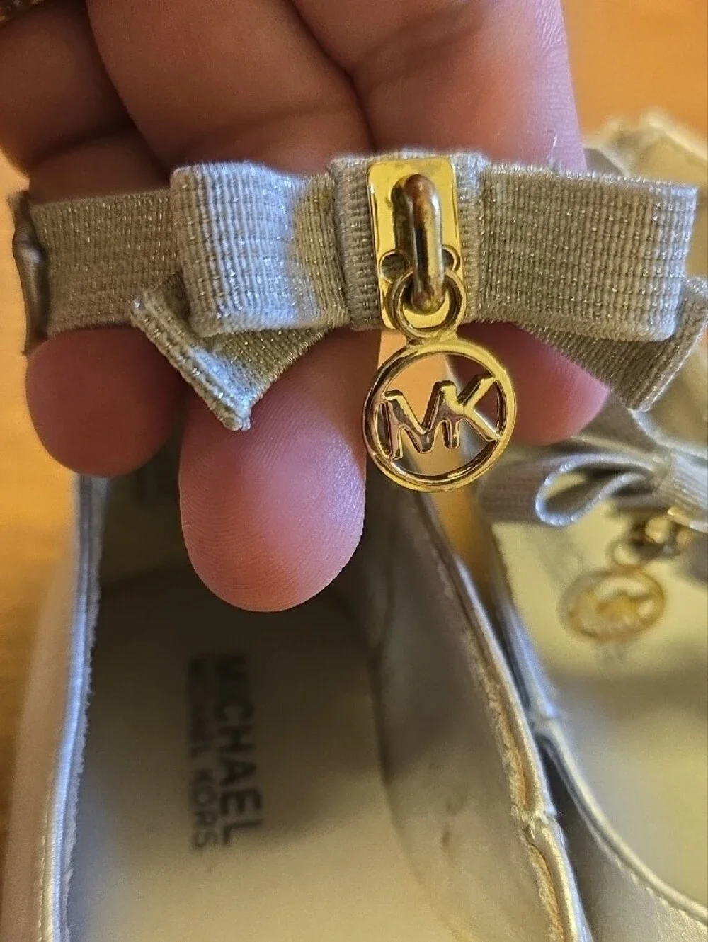 Michael Kors Girls' Gold Metallic Mary Jane Flats with Bow and MK Charm